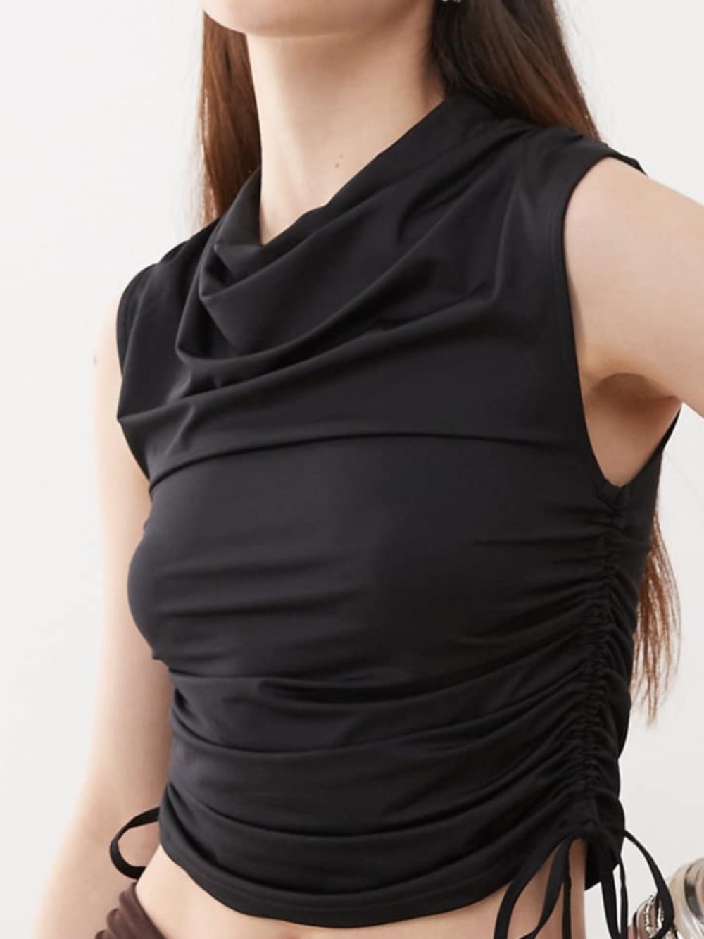 ASOS Black Sleeveless Ruched Crop Top with Cowl Neck